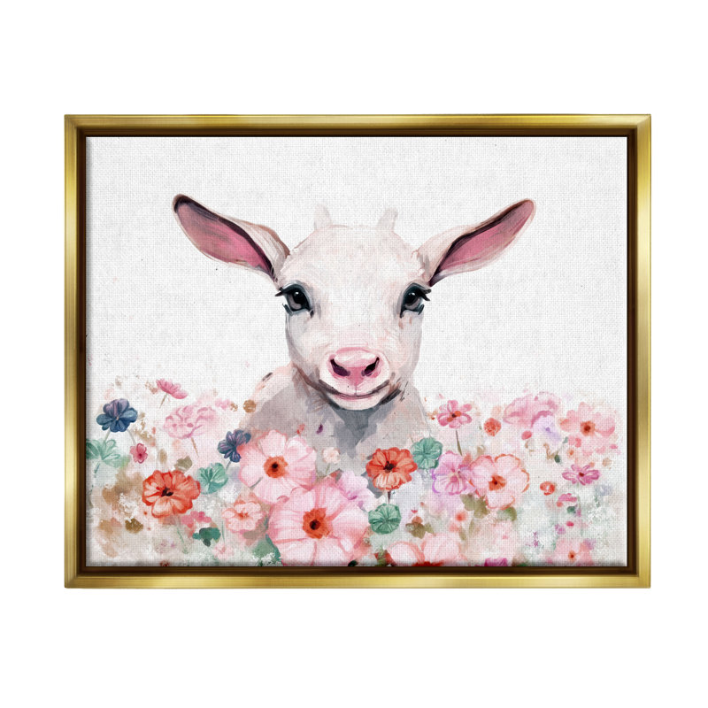 Gold Framed Baby Sheep and Pink Flowers Canvas Print, 21" x 17"