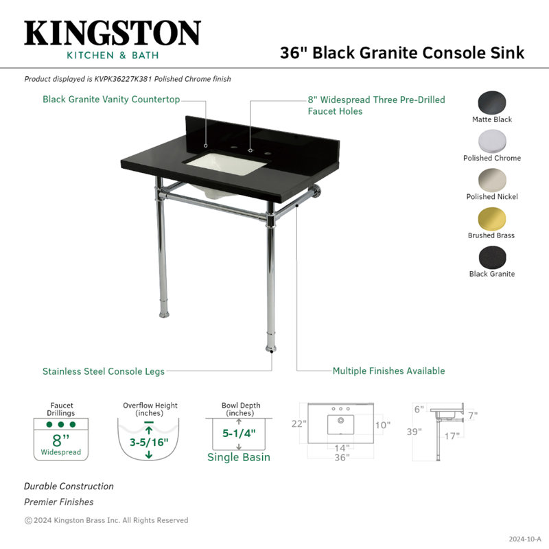 Kingston Brass Imperial 36-Inch Black Granite Console Sink with Stainless Steel Legs (8-Inch, 3-Hole), Matte Black