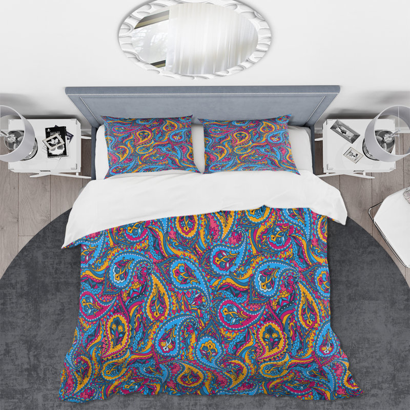 Ensemble de housse de couette en microfibre jaune / rose / bleu Raihanna, Housse de couette pour grand lit + 2 taies décora