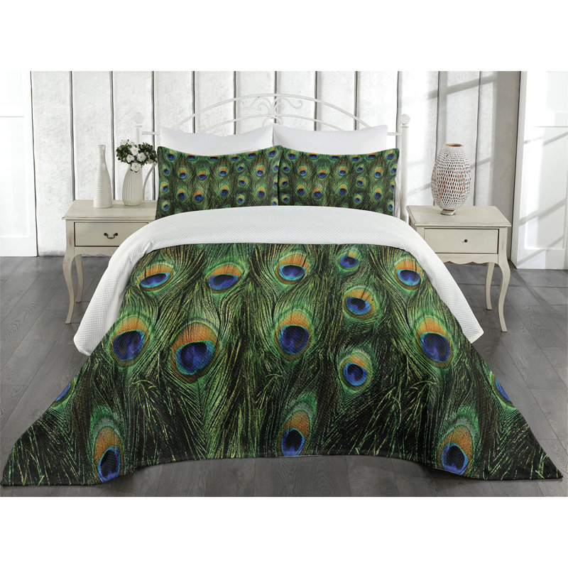 King Size Green Peacock Feather Quilted Bedspread Set