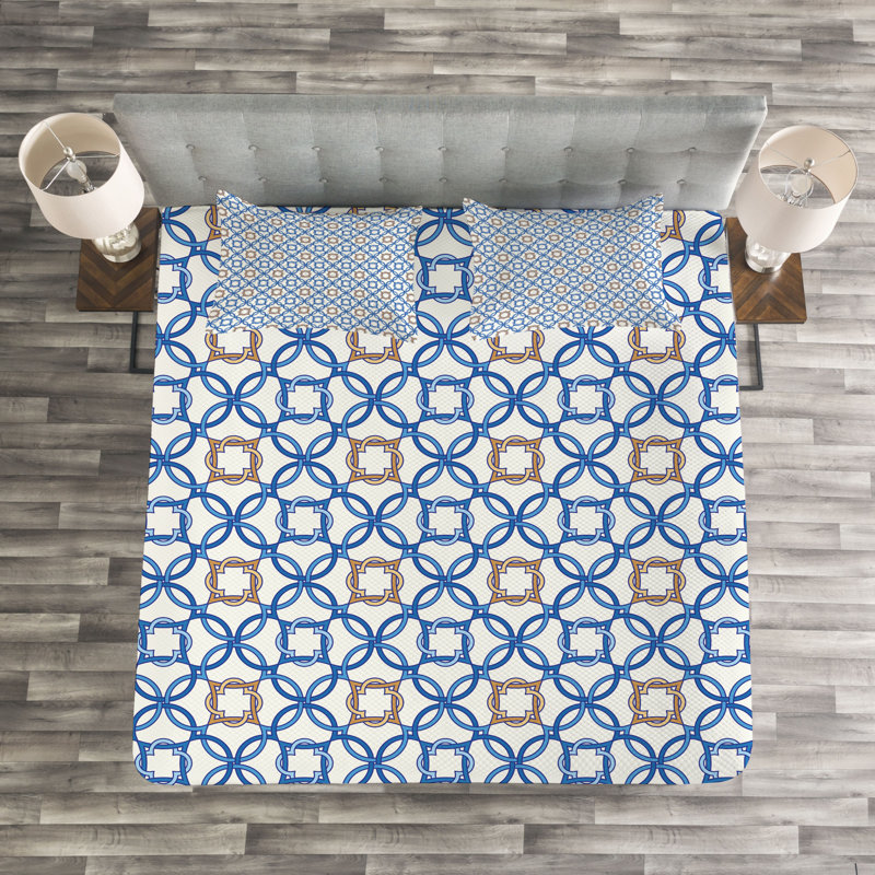 Adree Brown/Blue/White Microfibre Bedspread Set, 220 x 264 cm