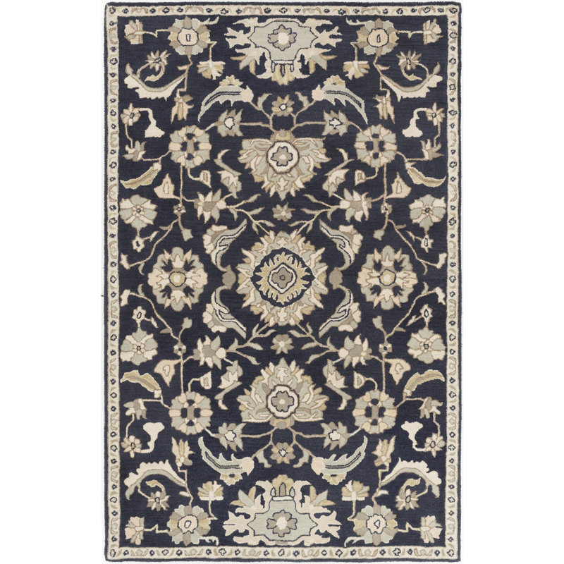 Tapis oriental en laine touffeté à la main à motif encre / beige / écume de mer / brun clair Arden, Rectangle 4pi x 6 pi