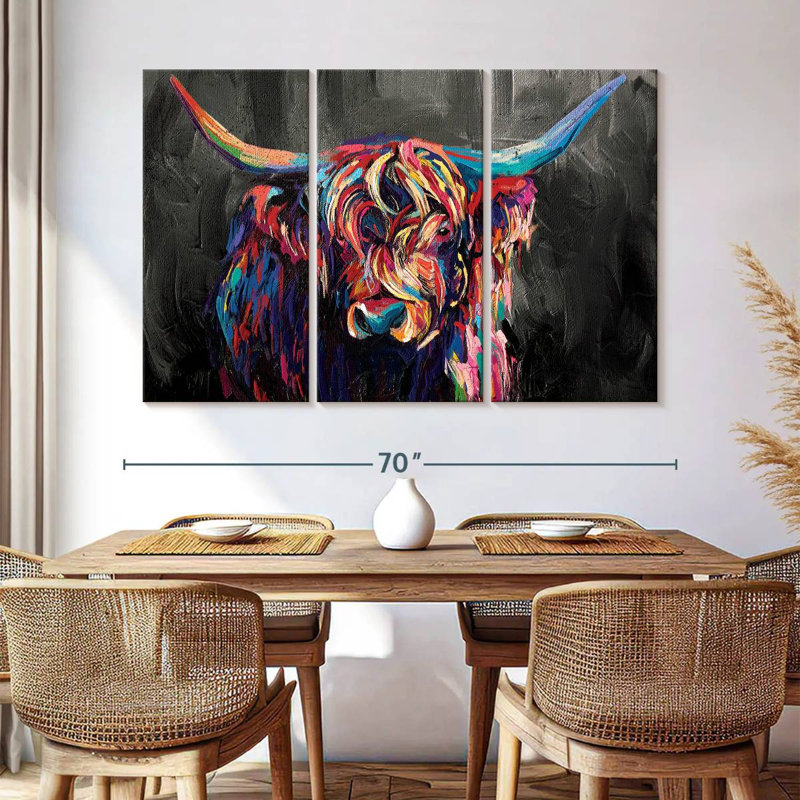Highland Cow Highland Cow, ensemble de 3 pièces en acrylique sur toile, H 42 po x l 65 po x P 1,25 po