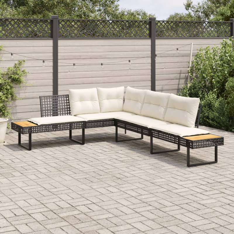 Canapé de patio avec coussins en forme de L en rotin de poly et acacia, Blanc, crème, Noir, noir, noir, noir