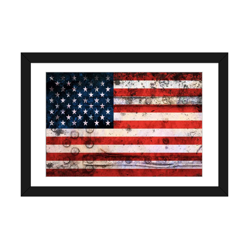 « flags u.s.a. grunge », impression sur toile, Papier d'art encadré noir, Blanc, H 24 po x l 32 po x P 1 po