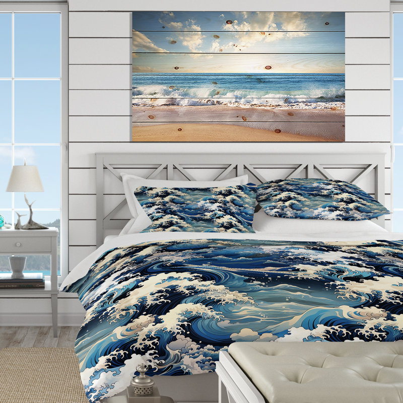 Ensemble de housse de couette Hokusai Waves, Housse de couette pour très grand lit et 2 très