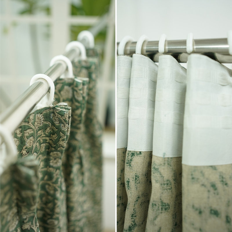 Fabdivine Pinch Pleated Curtains 27X89" – Handmade Block Print Floral Drapes, Soft Boho Linen, Blackout, Room Darkening, Living Room, Bedroom, Kitchen & Patio Décor, Himachal, Green