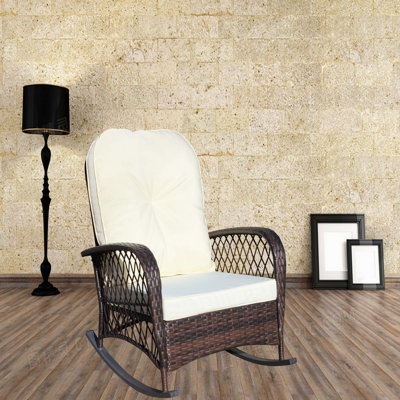 Chaise berçante d'extérieur en osier avec assise large, coussin épais et moelleux, chaise berçante en rotin avec structure en acier, capacité de poids élevée pour patio, jardin, cour arrière, coussin beige