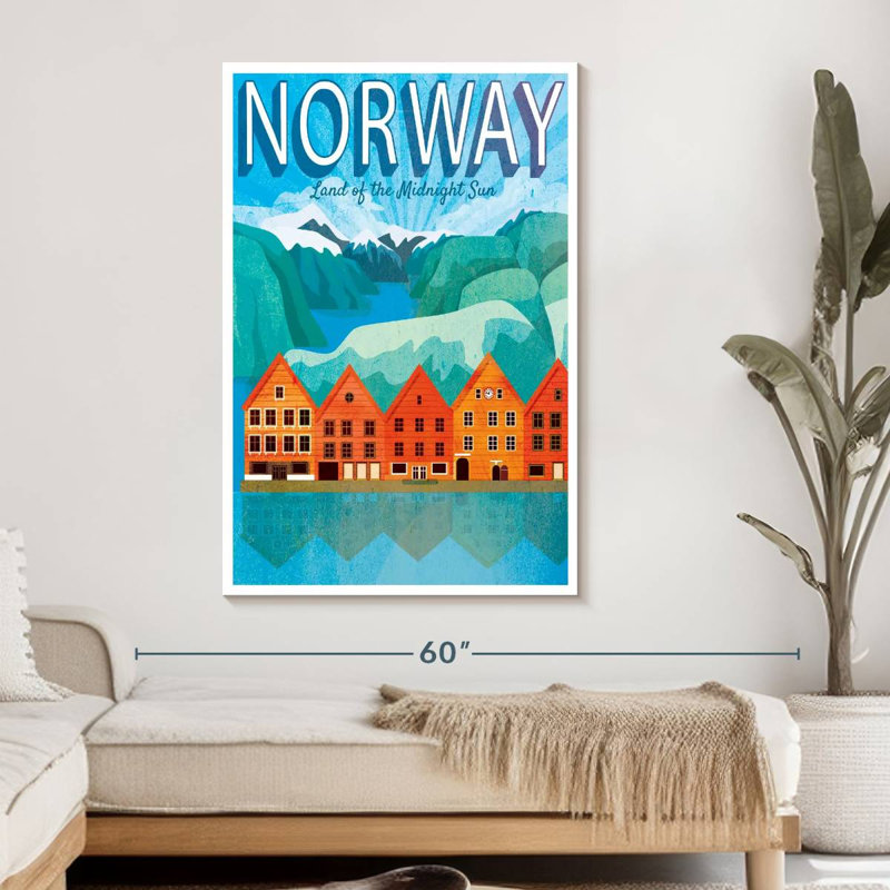Norvège, affiche rétro sur toile, H 48 po x l 32 po x P 1,25 po