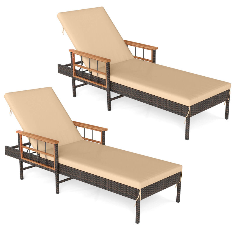 Chaise longue d'extérieur inclinable en rotin 2 pièces avec accoudoirs en bois, 2