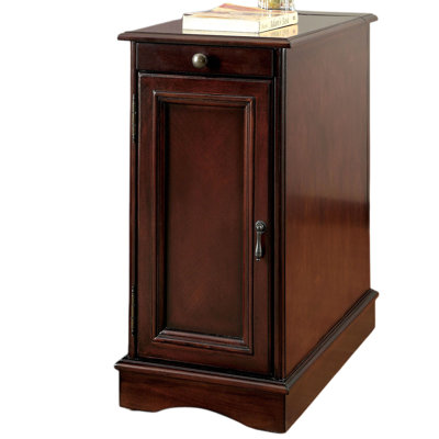 Cherry Solid Wood Transitional Side Table With Pull Out Cup Holder, Built In Port And Storage Cabinet, 24 Inches Wide Outlet High