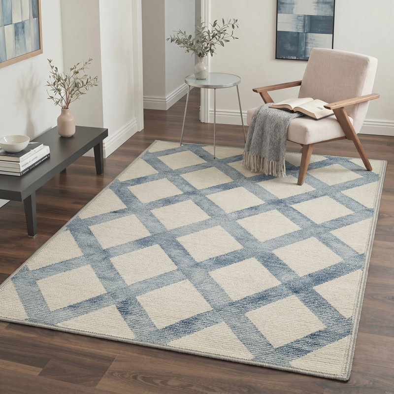 Tapis géométrique beige / bleu Lattice lavable à la machine avec envers antidérapant, Rectangle 144 " x 108 "