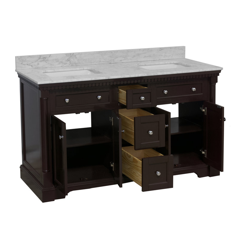 Ensemble de meuble-lavabo double 60 po avec armoire en chocolat et comptoir en marbre de Carrare, Chocolat, Marbre de Carrare