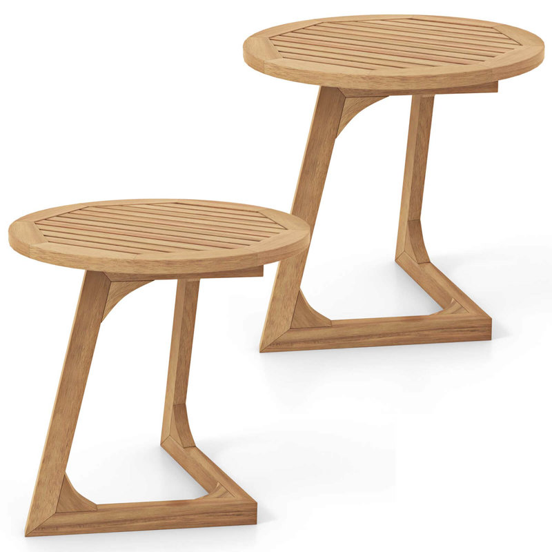 2 PCS Teak Wood Side Table Round Sofa End Table with Slatted Tabletop Nightstand