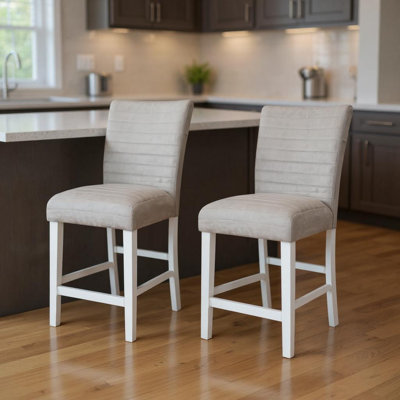 Set of Two 25" Gray and White Velvet and Solid Wood Counter Height Bar Chairs