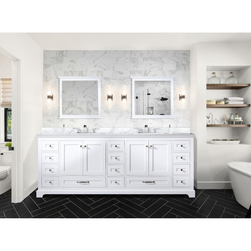 84 po Meuble-lavabo double blanc - 34 miroirs, 14 tiroirs et 2 armoires, Blanc