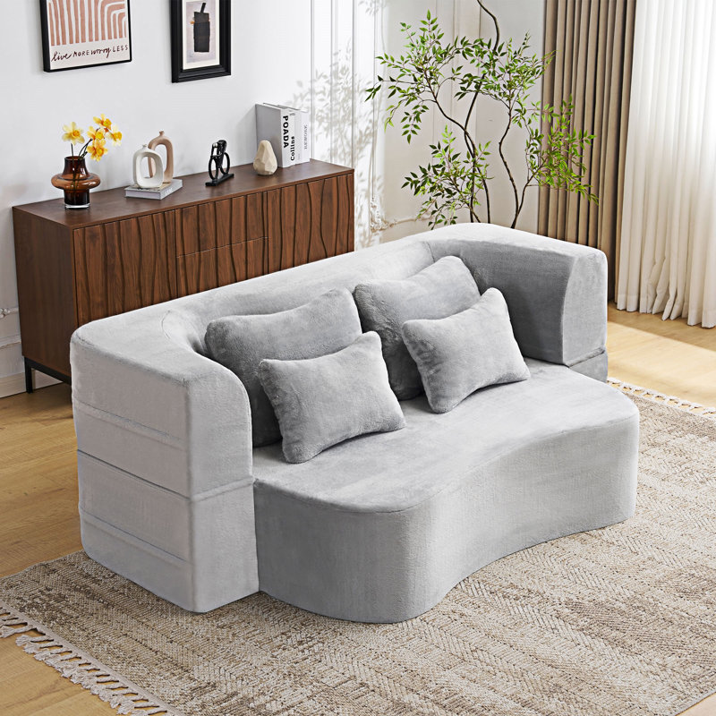 Floor Sofa Couch With Pillows, Light Gray