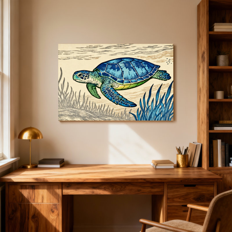 Animaux, tortue de mer nageant parmi des herbes marines, H 16 po x l 24 po