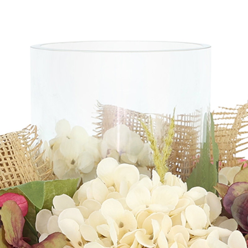 Centre de table central Centralia avec hortensias, astilbe et pommes de pin, Crème / brun / bourgogne