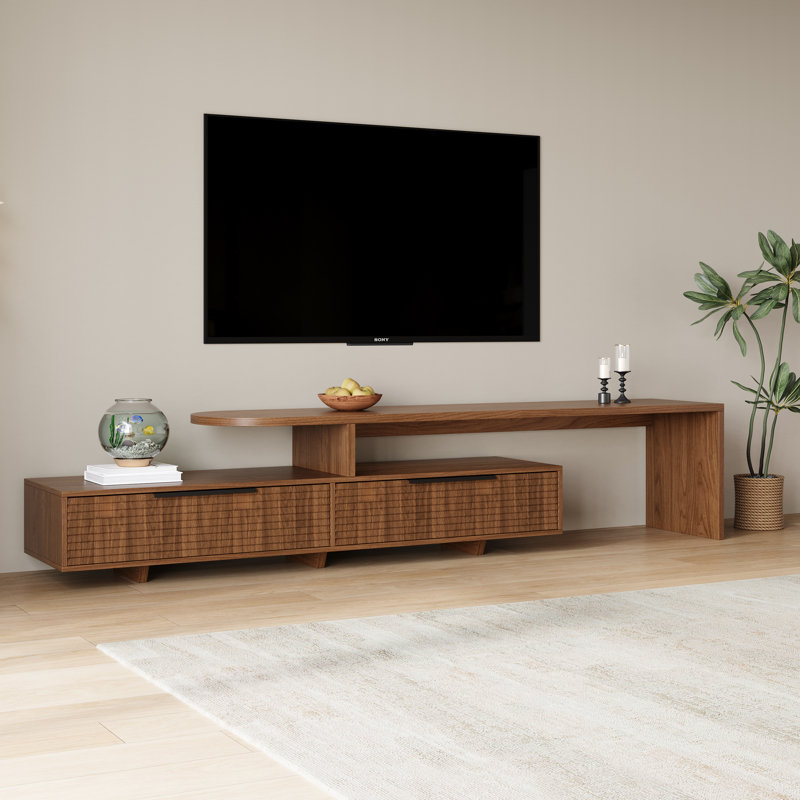 Meuble télé Mid-Century moderne extensible en noyer, console réglable de 70,8 po à 94,5 po avec rangement pour téléviseur de 85 po ou moins