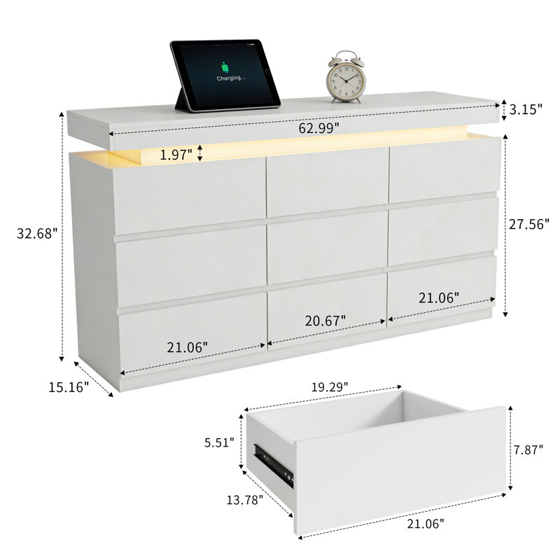 Commode moderne à 9 tiroirs - blanc / noir avec lumières DEL et station de charge, Blanc