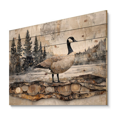 Canadian Goose In Pine Forest Landscape II - Goose Animal Wood Wall Decor - On Natural Pine Wood