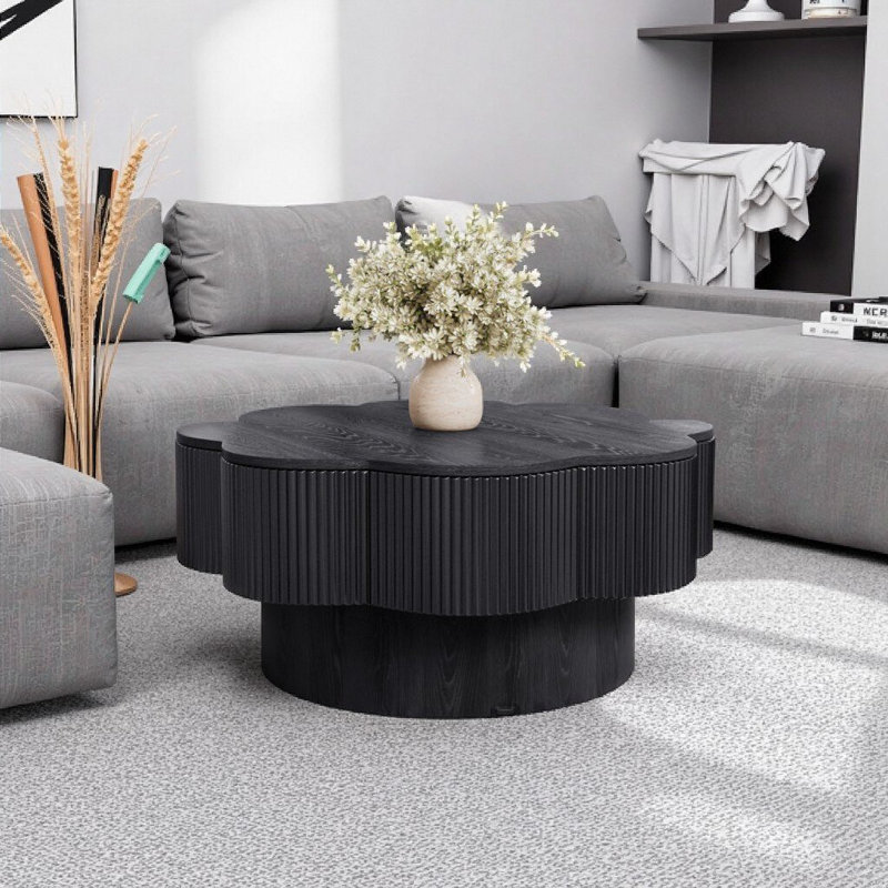 Table basse 31,5 "avec rangement Blossom - placage en bois naturel cannelé noir, pièce maîtresse du salon, Noir