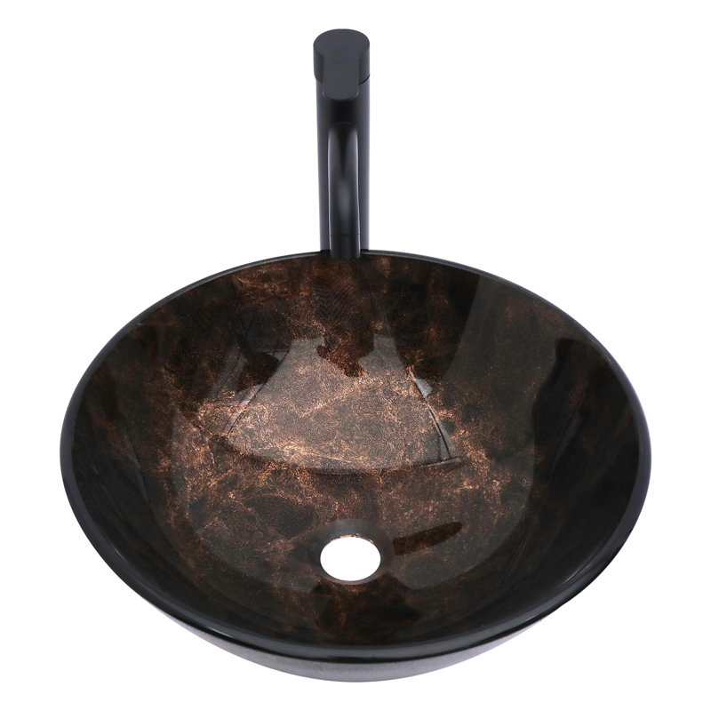 16.5"L x 16.5"W Tempered Glass Bathroom Vessel Sink Circle Artistic Bathroom Basin with Pop-up Drain and Basin Faucet, Bronze