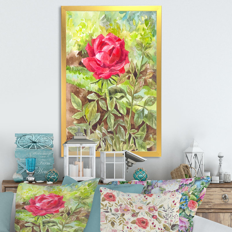 Simple fleur rouge dans le jardin - art mural traditionnel sur toile, H 36 po x l 24 po x P 1 po, Cadre doré