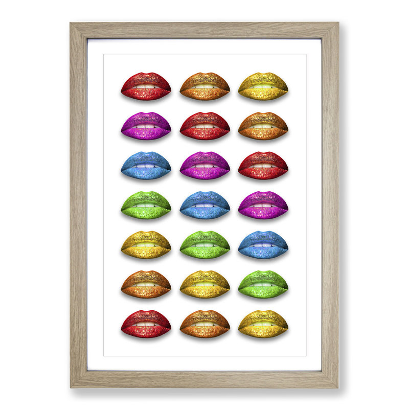 Rainbow Lips - Single Picture Frame Print on Wood, Oak Framed, 90cm H x 65cm W x 2cm D