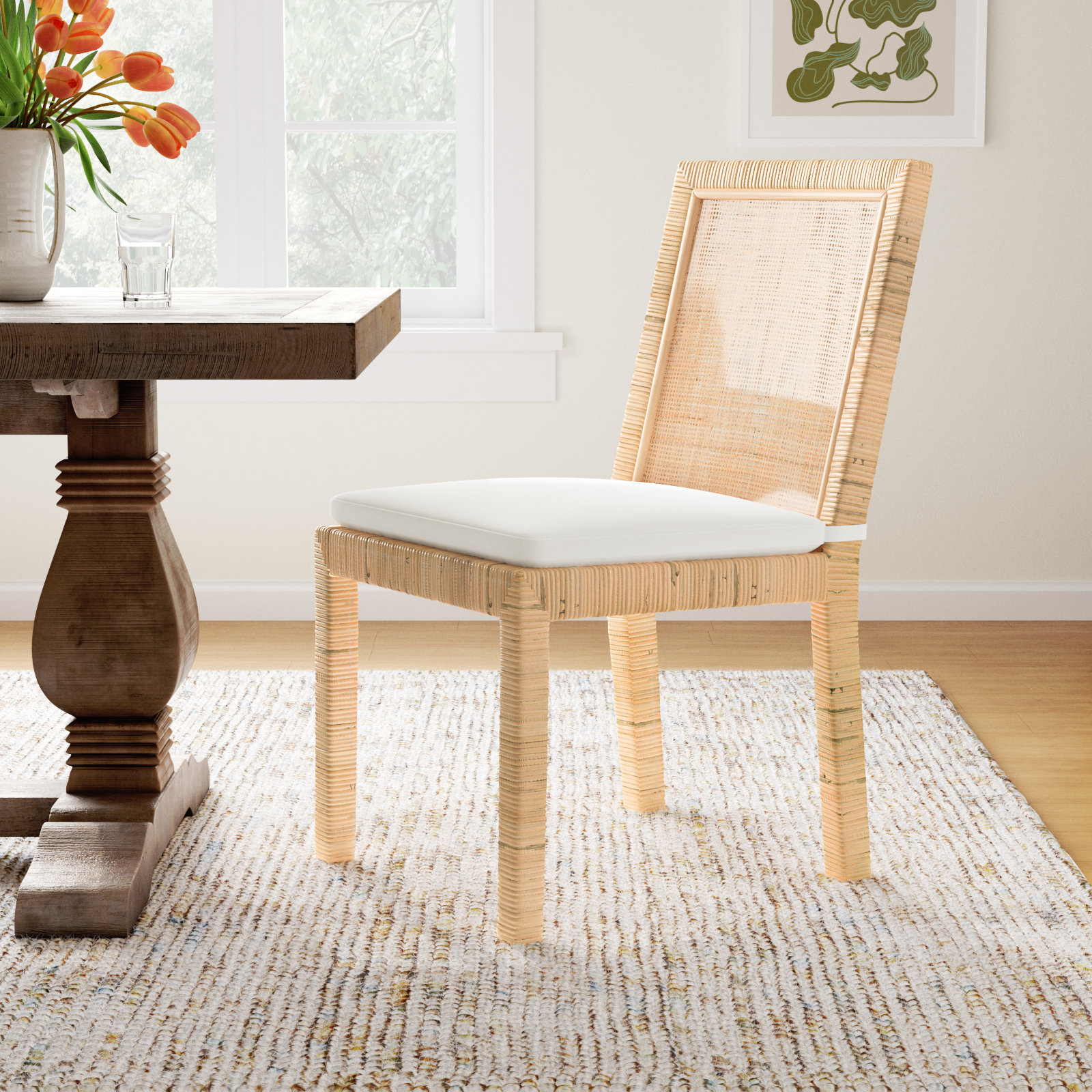 Elaina Woven Side Chair, White, Natural