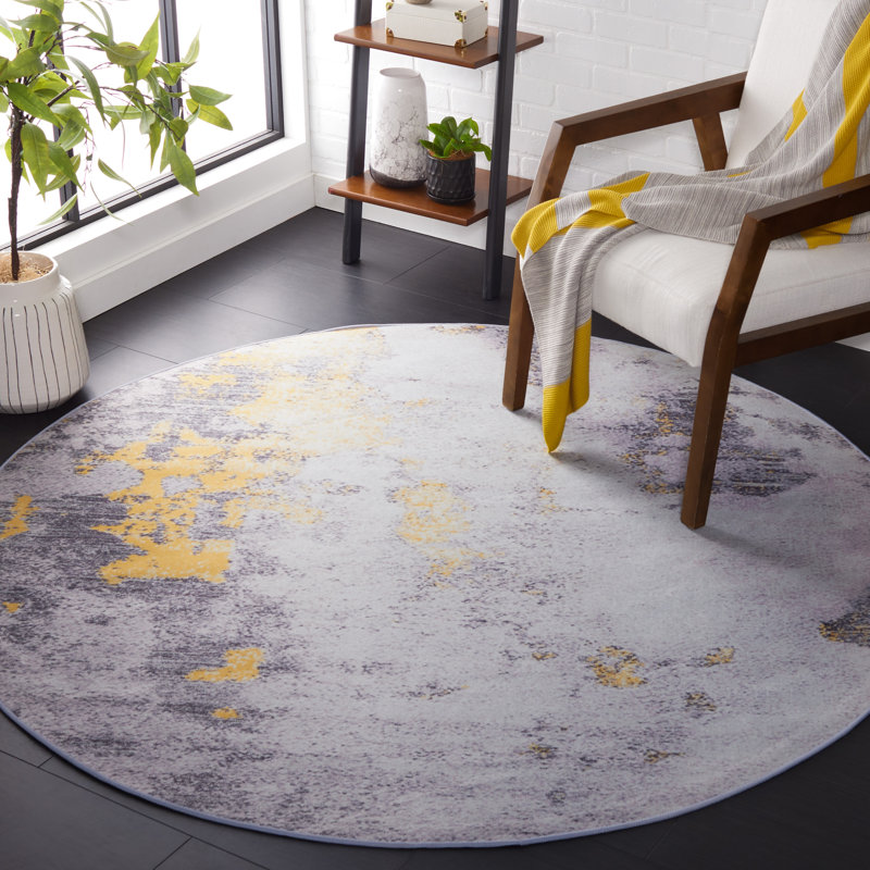 Tacoma Slate Machine Washable Area Rug In Grey & Gold, Round 122cm