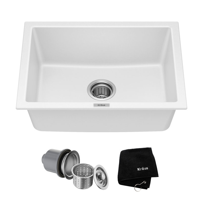 KRAUS Quarza 24” Granite Drop In / Undermount Single Bowl White Kitchen Sink, Single Bowl, 24"