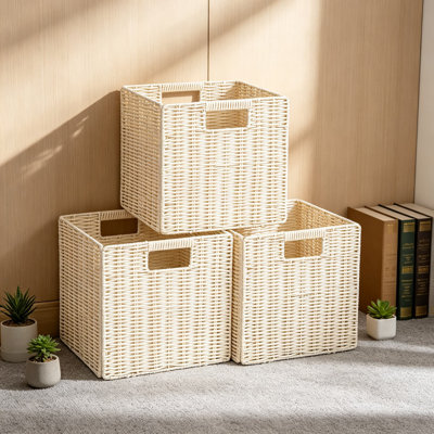 Set of 3 Collapsible Plastic Wicker Baskets for Cube Storage, 10.5 x 10.5 x 10.5 Inch Square Rattan Storage Cubes with Built-In Handles for Shelves and Cabinets, Ivory