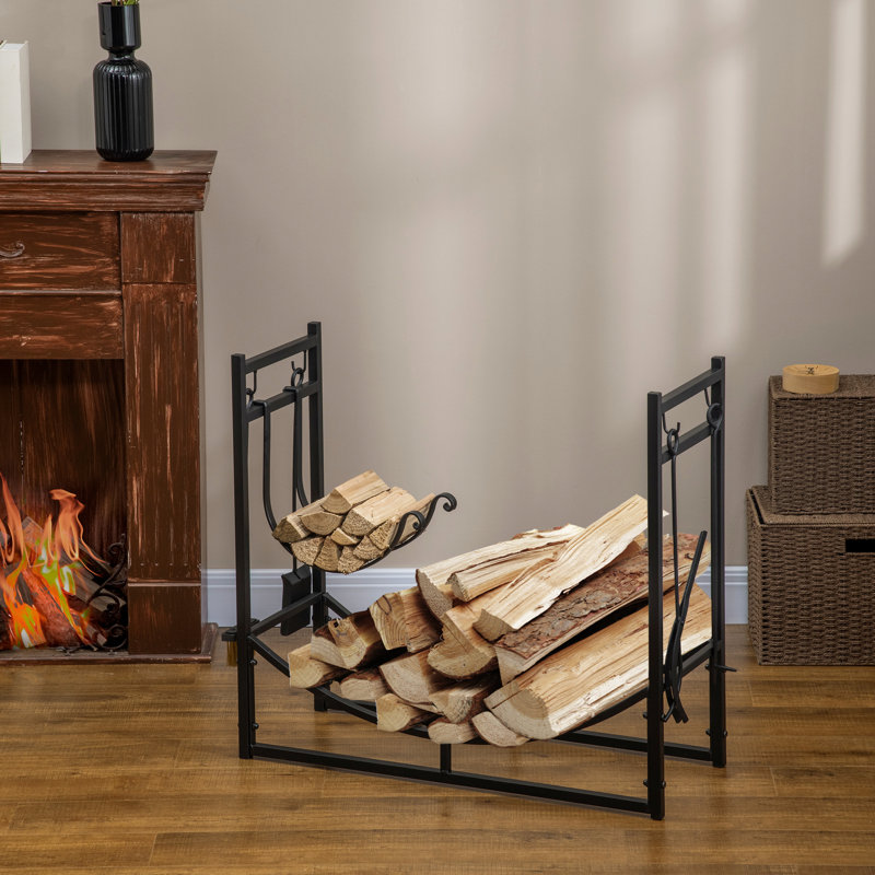 Support à bois de chauffage avec outils de foyer, support de bois de chauffage intérieur et extérieur, fond incurvé pour foyer, poêle à bois, foyer ou foyer, noir