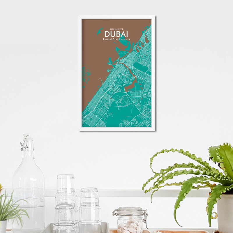 Carte de la ville de Dubaï, impression de luxe, H 17 po x l 11 po, Vert / brun