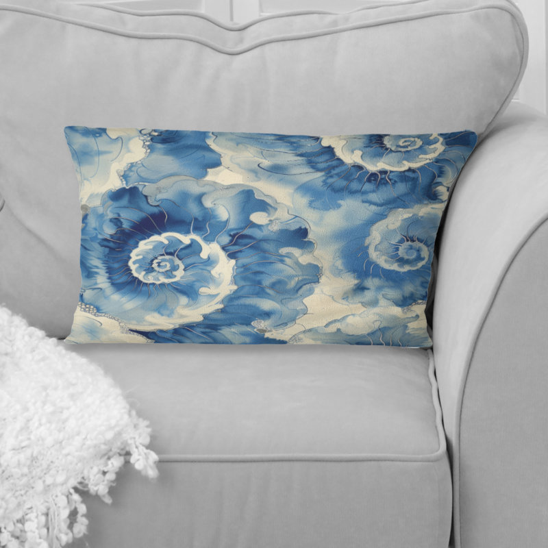 Coussin lombaire traditionnel chinois à motif de spirales bleues et beige Shibori