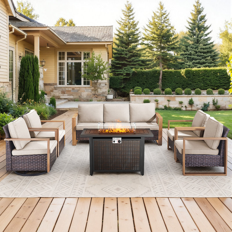 Drazen 7 - Person Patio Furniture Set With Fire Pit Table, All-Weather Wicker Outdoor Conversation Set With Chair And Thick Cushions
