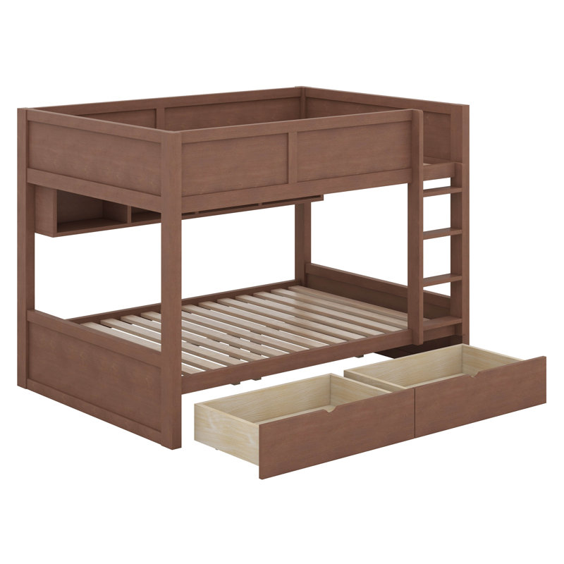 Lit double superposé au dessus d'un lit double avec 2 tiroirs, lit superposé en bois avec armoires de rangement et lumières DEL