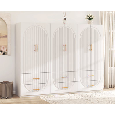 70.87"H Freestanding Wardrobe Armoire With Drawers, 6-Door Wardrobe Closet With Hanging Rods, White by Latitude Run