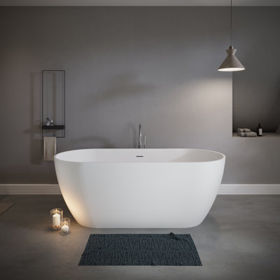 Baignoire de trempage autoportante en résine de 59 po x 29,5 po à surface solide en pierre avec trop-plein et bonde escamotable, blanc mat