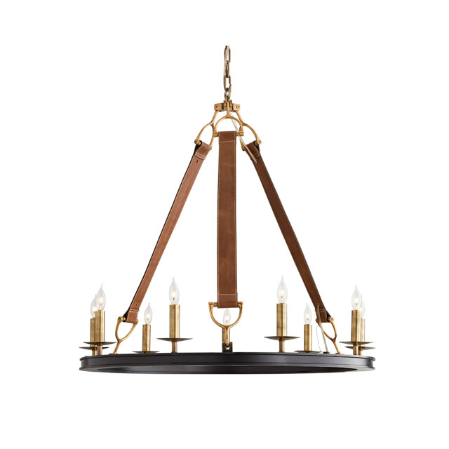 Traditional wagon wheel chandelier with a black circular frame, leather strap accents, and brass candle-style lights.