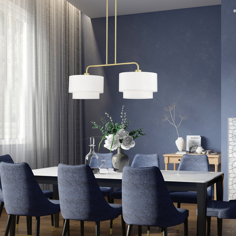 Grand lustre linéaire doré 2 lumières avec abat-jour en tissu blanc cassé fabriqué à la main, Or doux