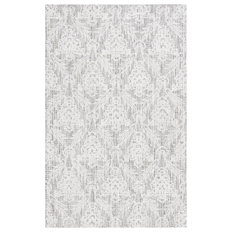 Chaffinch Hand Tufted Wool Cotton Pet Damask Rug in Ivory/Gray, Rectangle 6' x 9'