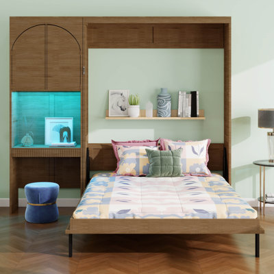 Murphy Bed with Desk, Storage Cabinet, LED Light, Farmhouse Foldable Wall Bed Frame, Multi Storage Shelves