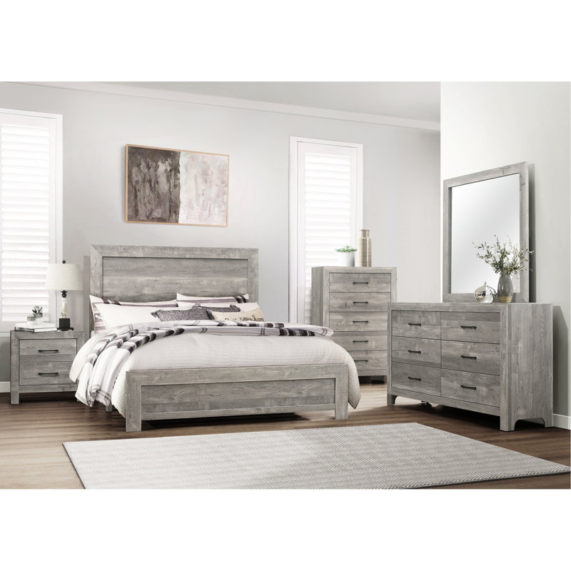 Grand lit moderne gris avec tête de lit et tête de lit de style rustique en bois, Gris, Grand lit