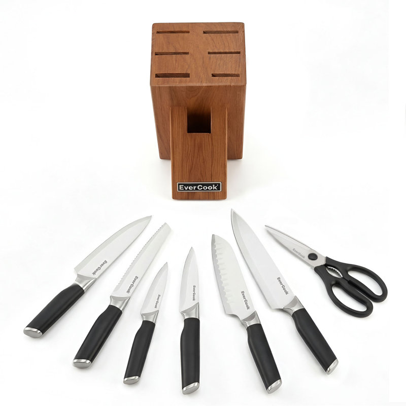 Ensemble de couteaux EverCook 8 pièces, lame en acier inoxydable, poignée noire, bloc de bois d'acacia, Black, White