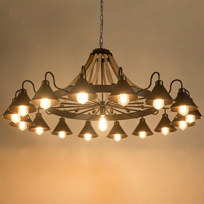 17 - Light Rattan and Iron Dimmable Wagon Wheel Chandelier