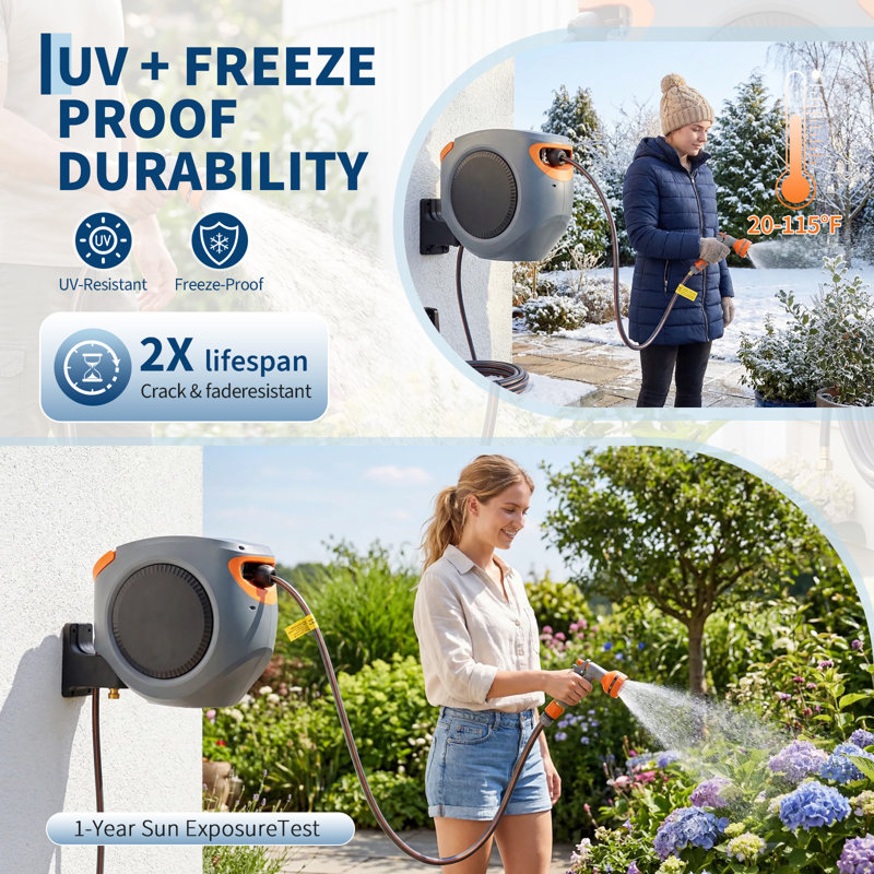 Enrouleur de boyau d'arrosage rétractable avec tuyau en PVC tressé et buse à 10 fonctions | Verrouillage à longueur ajustable, enroulement automatique lent et fixation murale pour l'arrosage de la pelouse, de la terrasse et du jardin