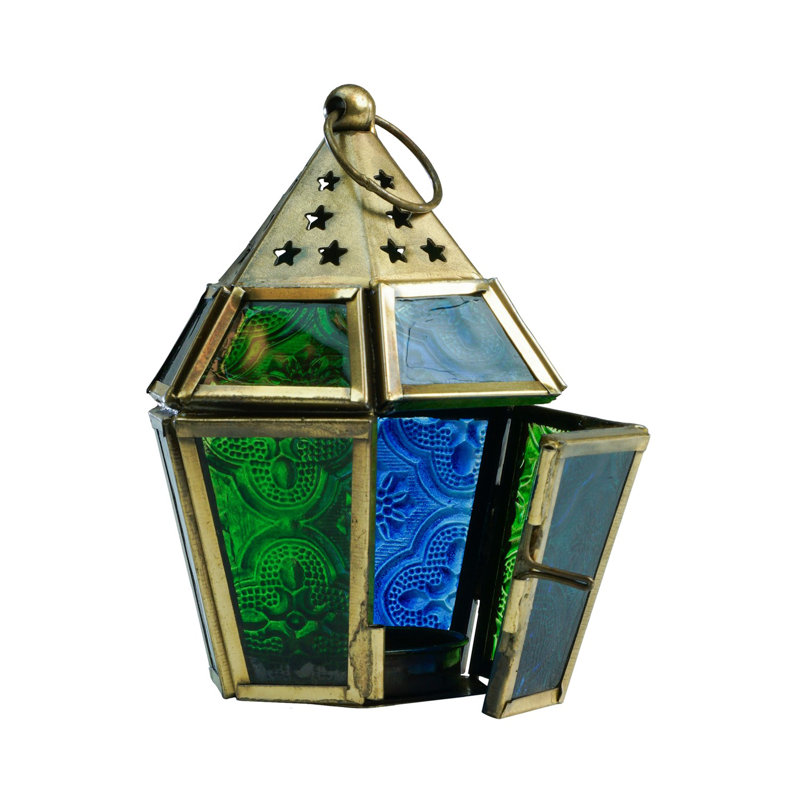 Mini lanterne hexagonale en verre, Bleu / Vert